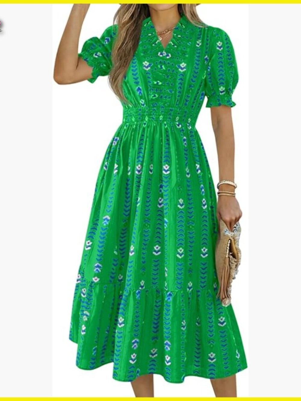 Floral Midi Dress Boho Chic Summer Casual Smocked Waist Puff Sleeve Ruffle